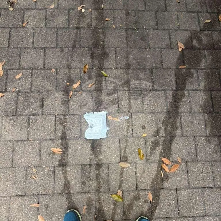 Fresh hydraulic fluid on pavers with an absorbent pad on the worst spot, before treatment