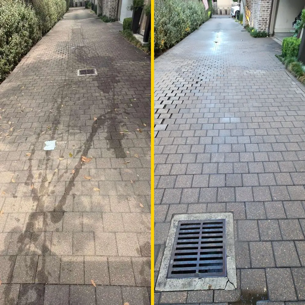 Before and after: a hydraulic fluid trail down a shared paver driveway in Houston, and the same driveway clean after stain removal by Maddox Surface